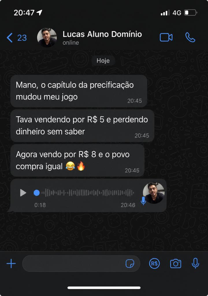 Print de WhatsApp: aluno corrigiu precificação após o eBook